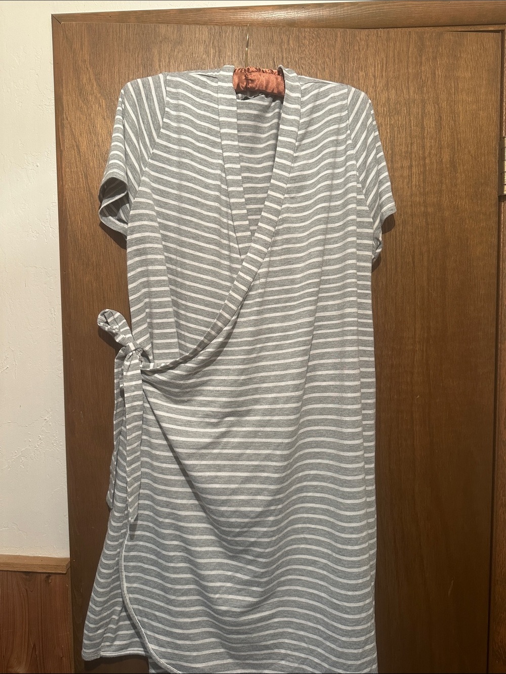 Striped Gray & White Wrap-Style Women’s Robe